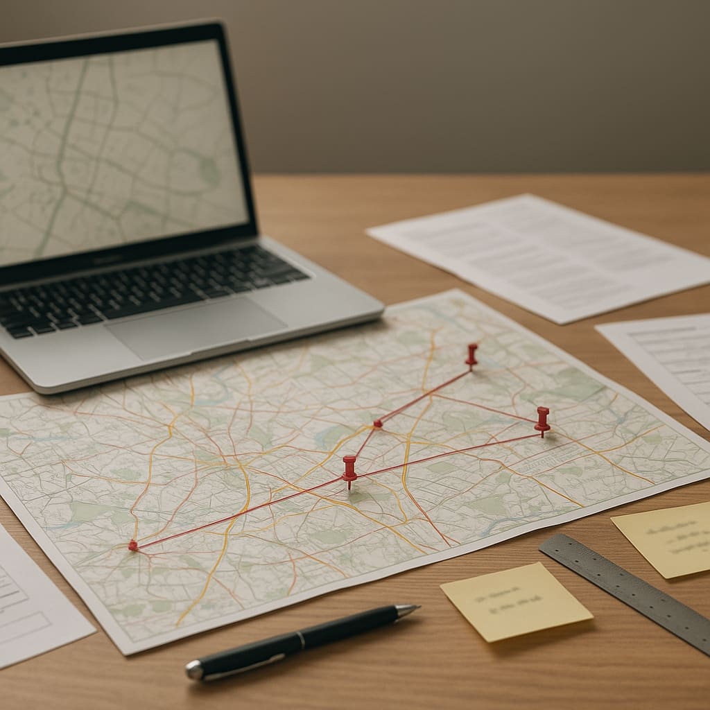 Arbeitsplatz mit Routenunterlagen, Laptop und Planungsdokumenten